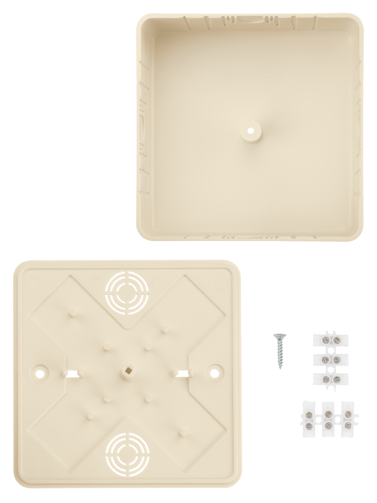 Коробка распаячная КР 100х100х44 ОП, сл. кость, IP40, инд. штрихкод TDM
